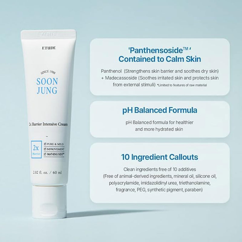 Soonjung 2X Intensive Cream for Barrier Repair, Rich Moist, Madecassoside & Panthenol for Soothing, Face Moisturizer for Sensitive Skin, Ph Balanced, Hypoallergenic, Korean Skin Care,2.02 Fl Oz