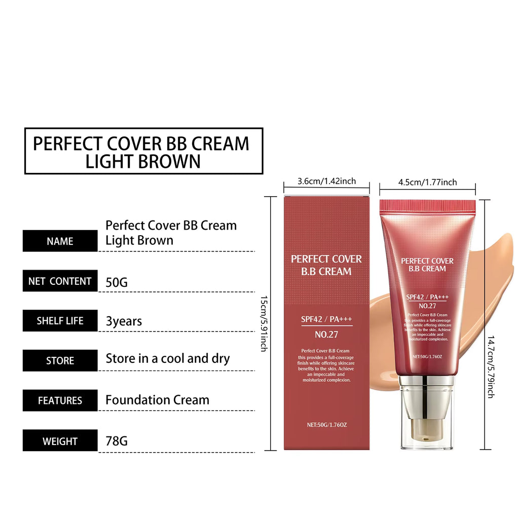 BB Cream SPF 42 PA +++ Tinted Moisturizer for Face Full Coverage Concealer Liquid Foundation Makeup for Dark Circles Fine Lines