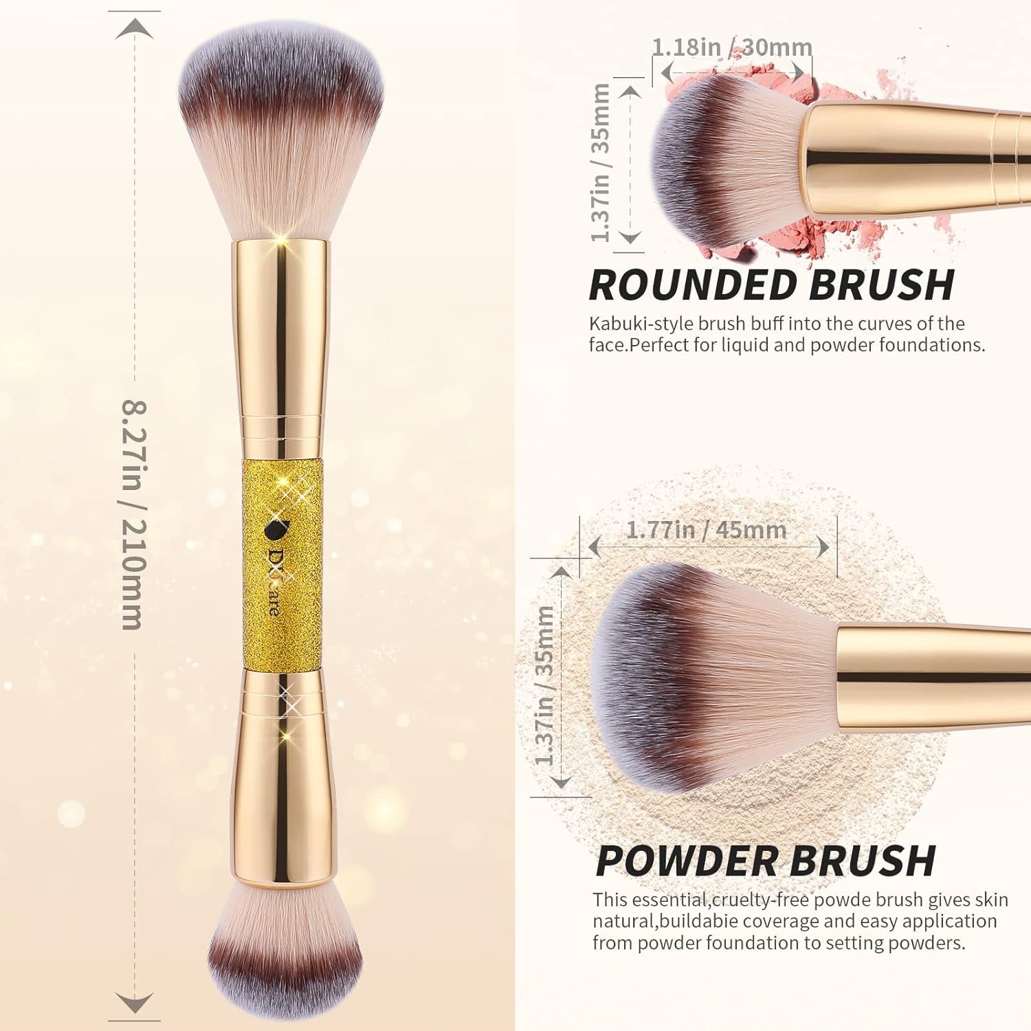Foundation Powder Brush Double Ended Blush Makeup Brushes, Duo Bronzer Blush Ideal for Cream or Powder